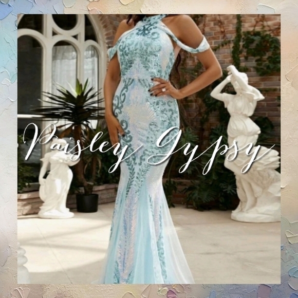 BABY BLUE HALTER STYLE, SLEEVELESS BAROQUE MERMAID MAXI DRESS - Picture 8 of 16